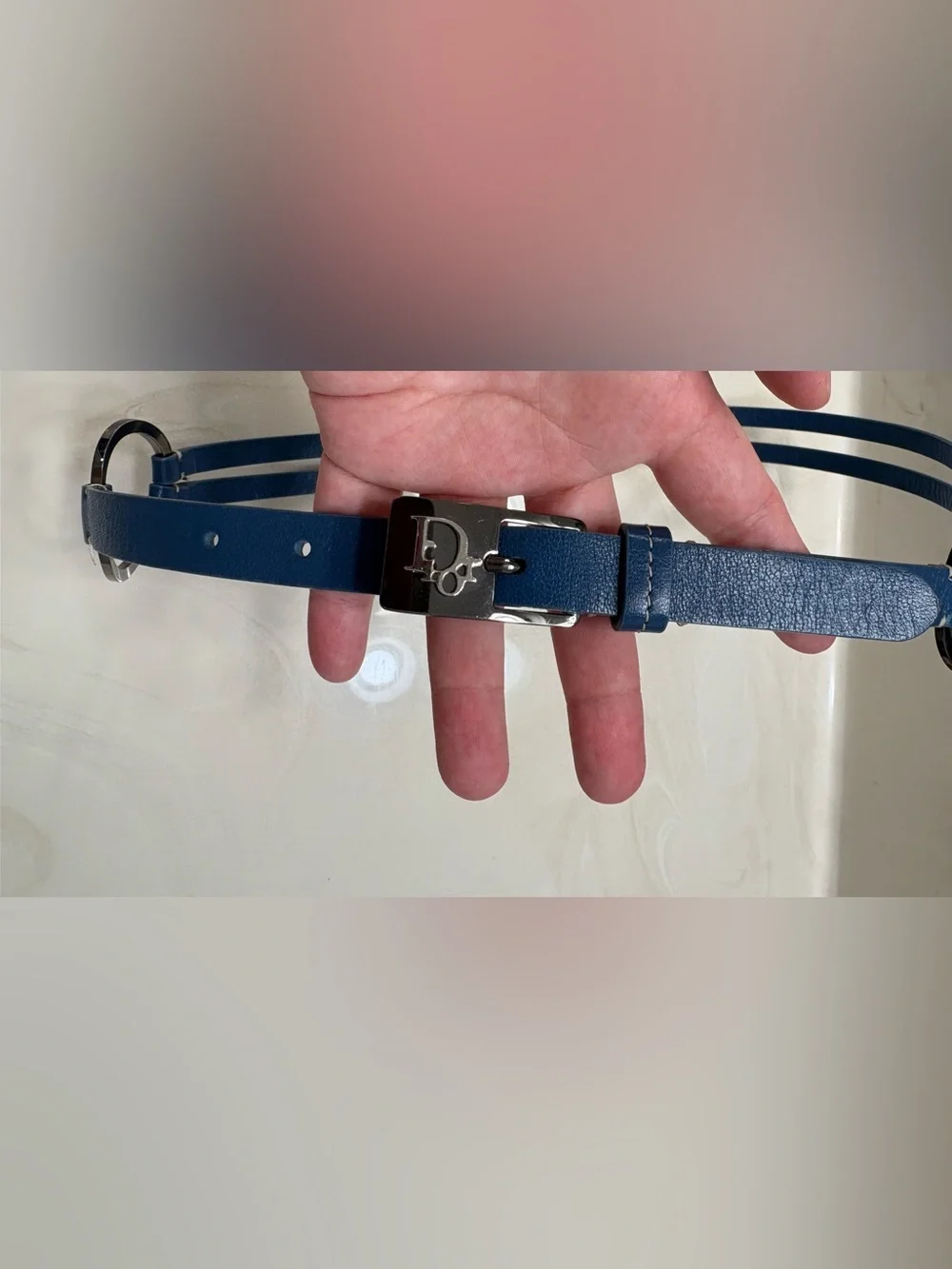Dior Blue Leather womens Belt with Silver Logo Buckle